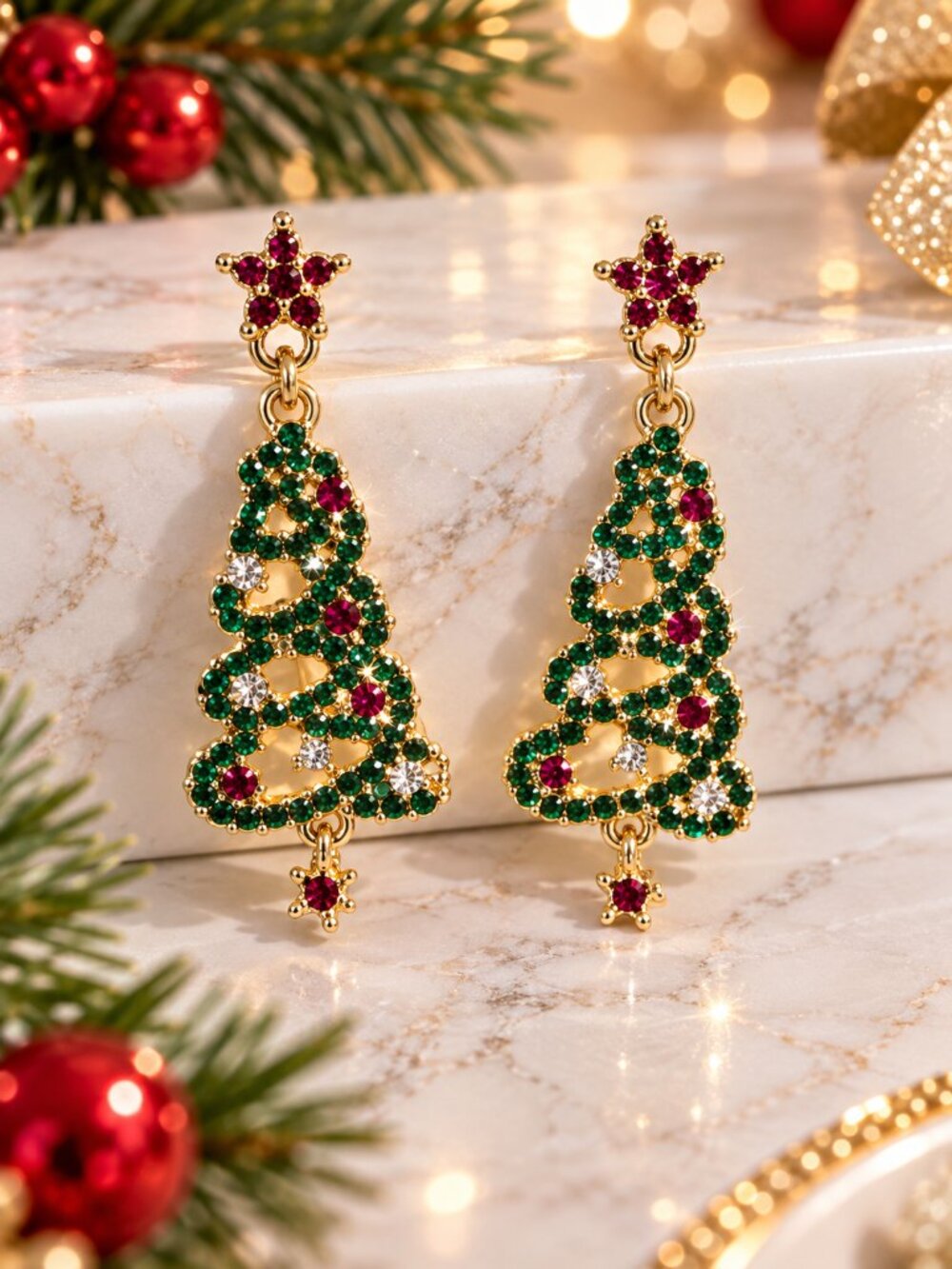 Christmas Tree Rhinestone Dangle Earrings Gold Tone Holiday Fashion Jewelry